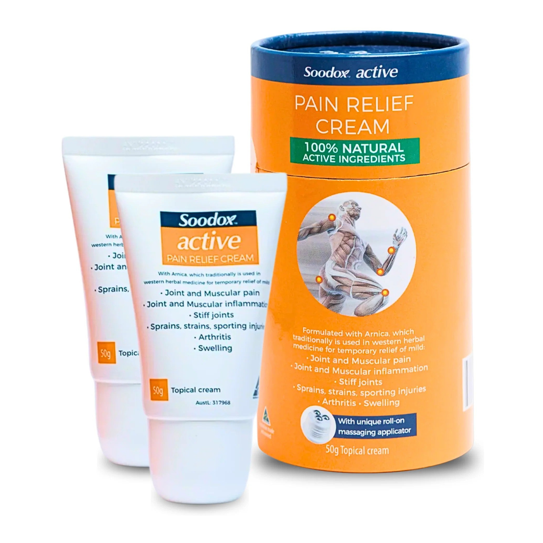 Soodox Active Pain Relief Cream with Roll-on Applicator 50g - 2 Pack — full product on white background