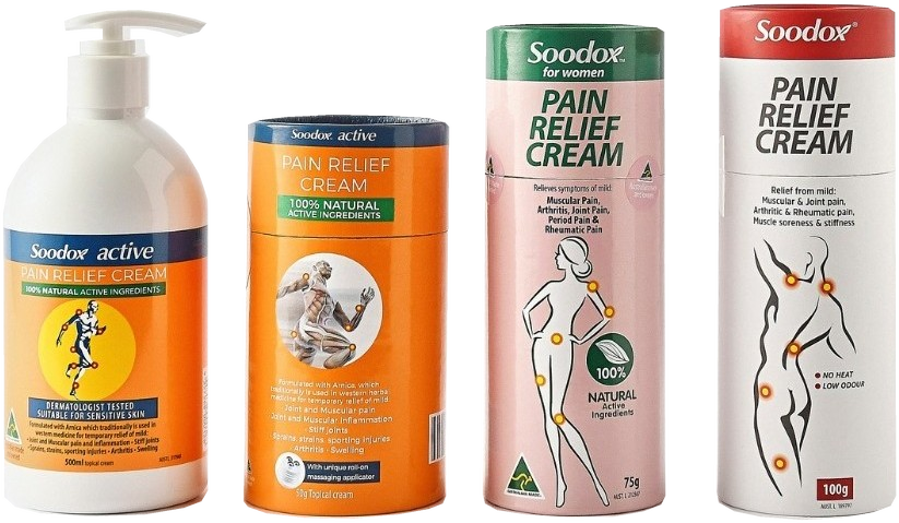 Soodox Active pump, Active 50g, Soodox for Women and Original pain relief products — original packaging