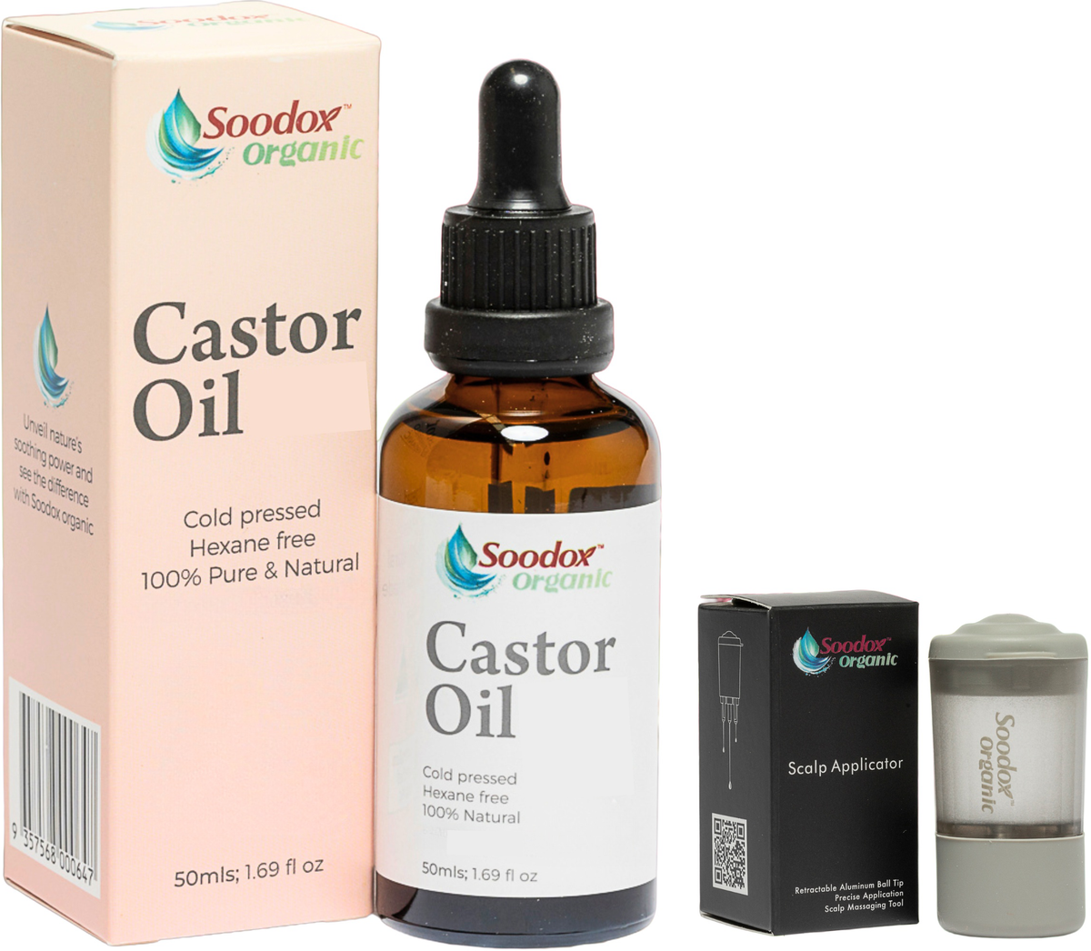 Soodox soodox organic castor oil 50ml free castor oil applicator — original product on white