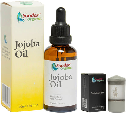 soodox certified organic jojoba oil 50ml glass amber bottle scalp applicator brushes included cold pressed hexane free natural moisturiser for face body hair australian made — original product photograph on white