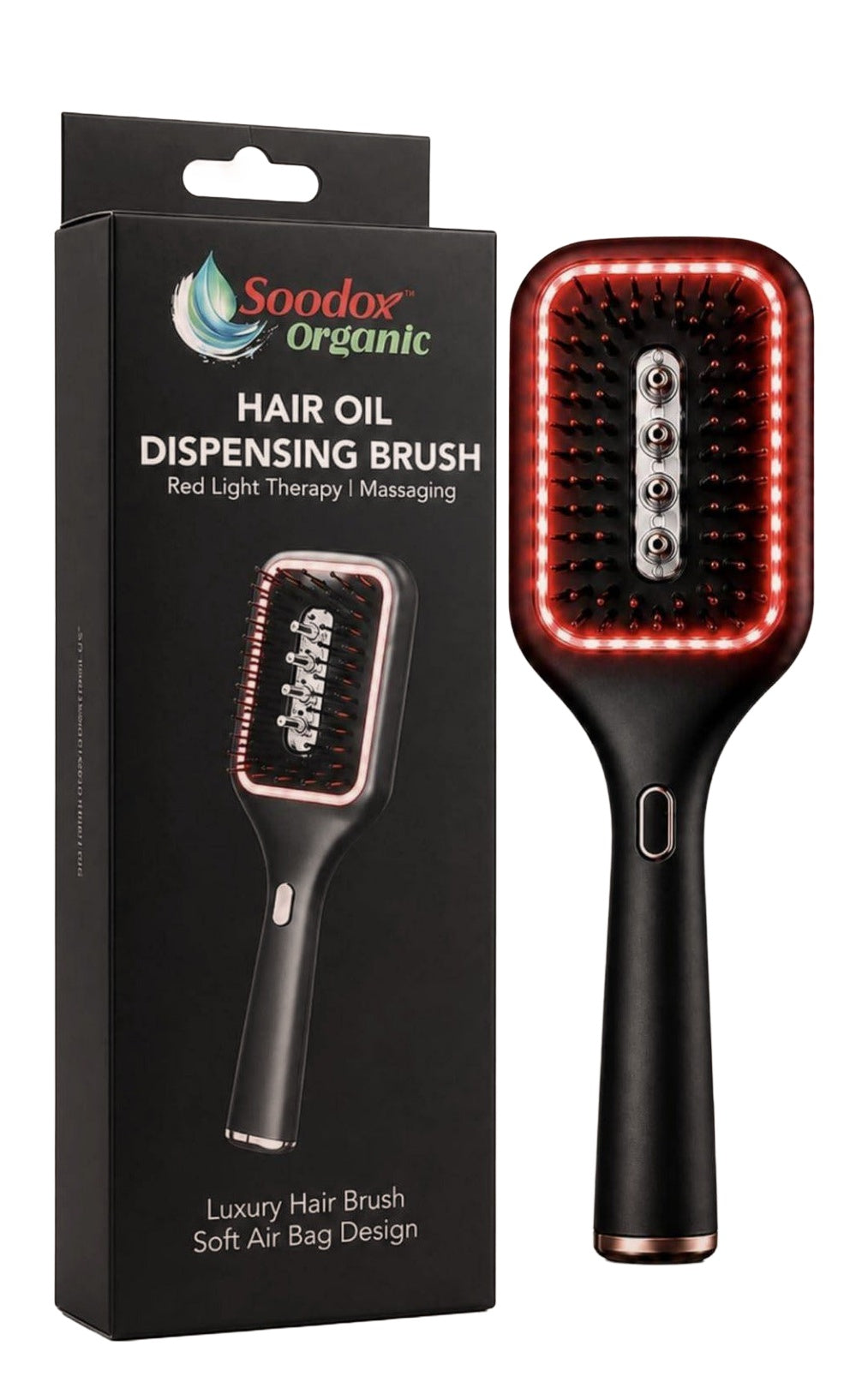 Soodox soodox organic hair oil dispensing brush with red light technology — original product on white