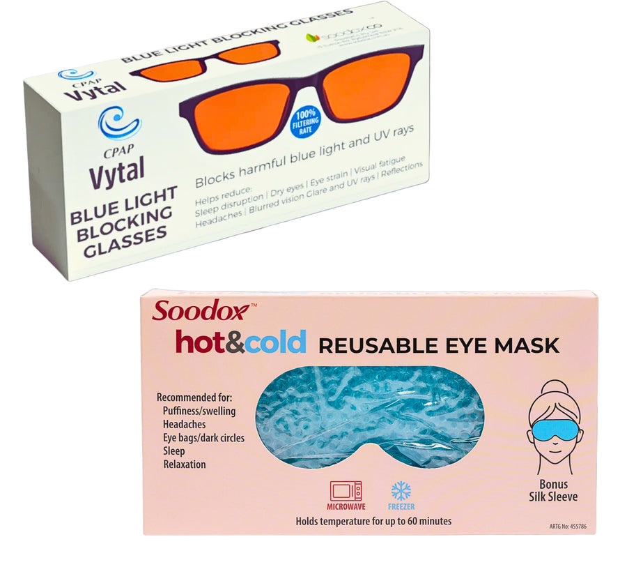 Beauty Sleep Pack - CPAP Vytal Blue Light Blocking Glasses + Soodox Hot & Cold Reusable Eye Mask with Bonus Silk Sleeve