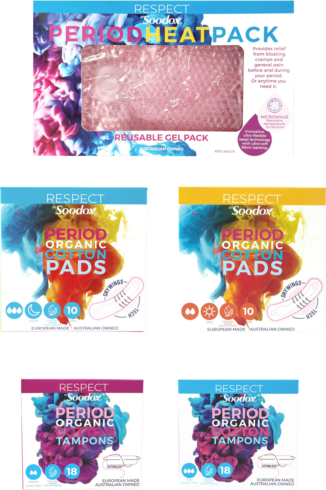 Original Soodox First Period Value Pack: heat pack, day and night pads and two tampon packs