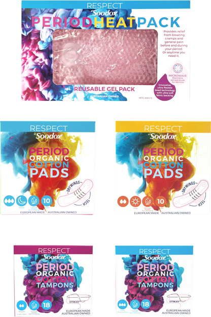 Original Soodox First Period Value Pack: heat pack, day and night pads and two tampon packs