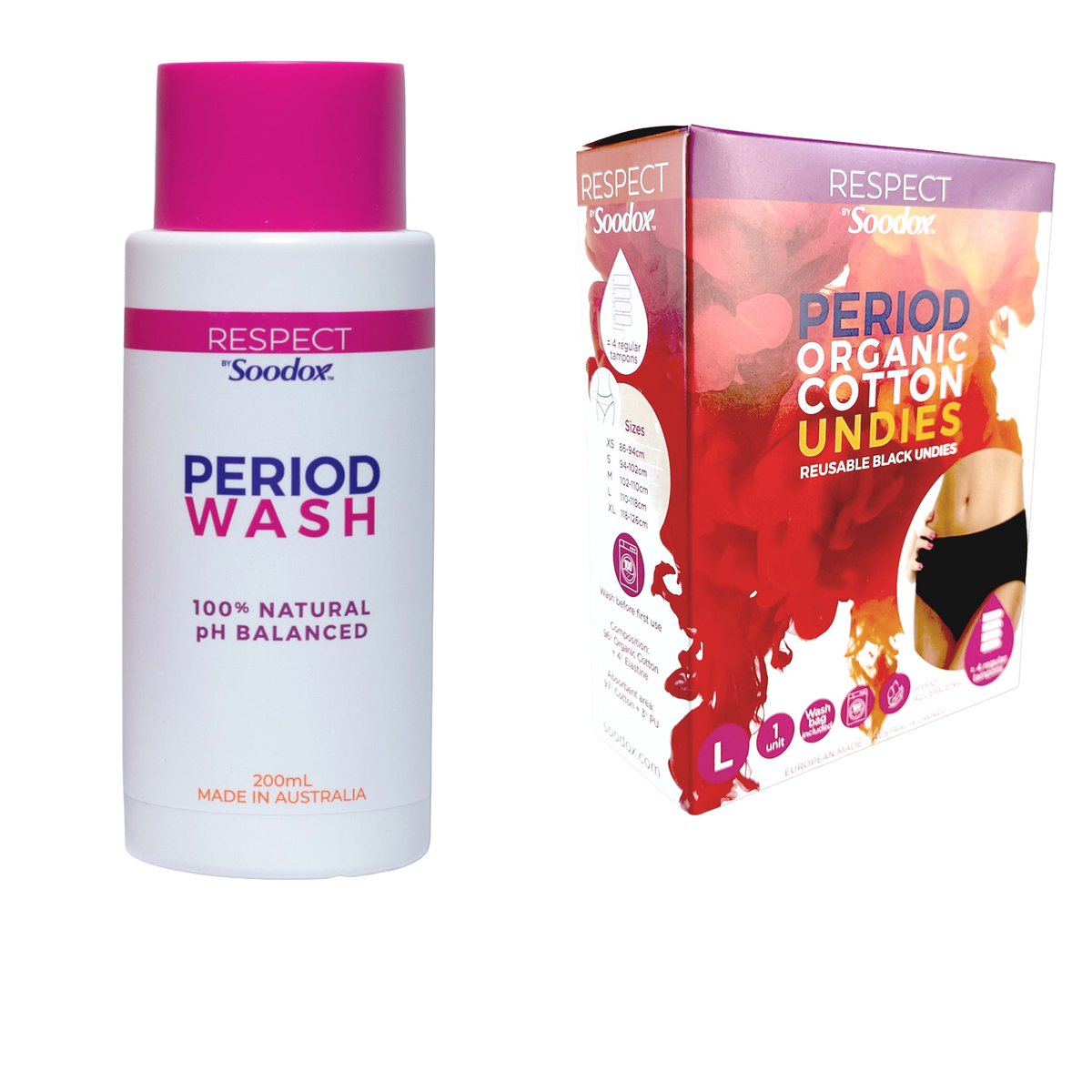 Soodox Period Wash 200mL with original Period Undies packaging, size Large