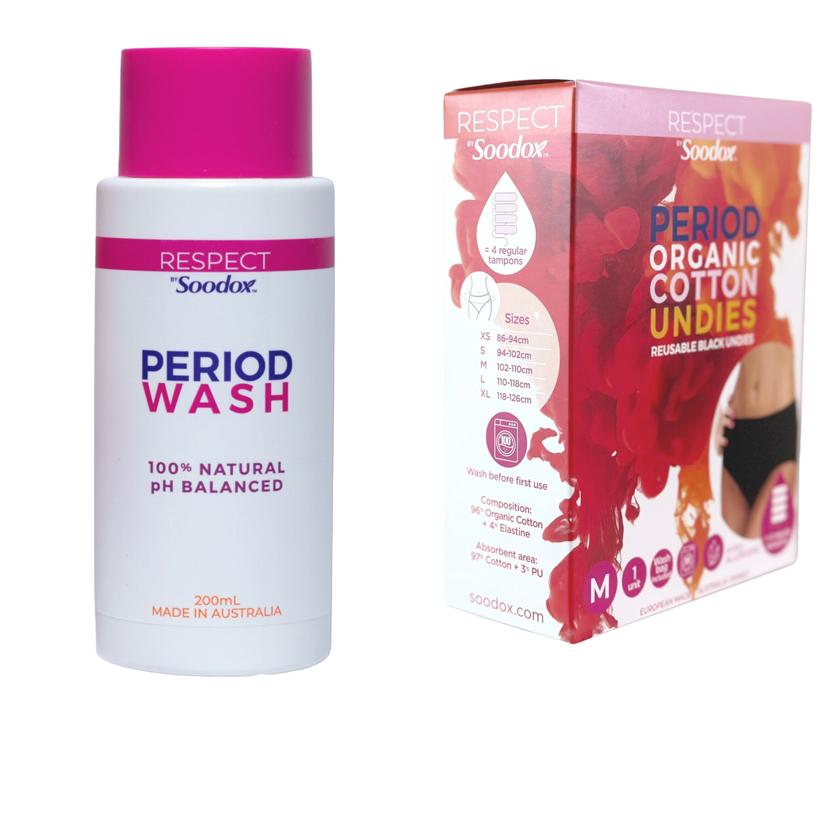 Soodox Period Wash 200mL with original Period Undies packaging, size Medium
