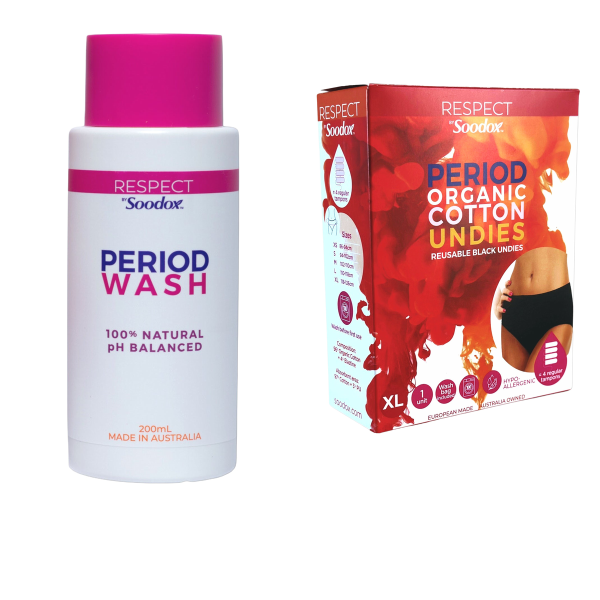 Soodox Period Wash 200mL with original Period Undies packaging, size X-Large