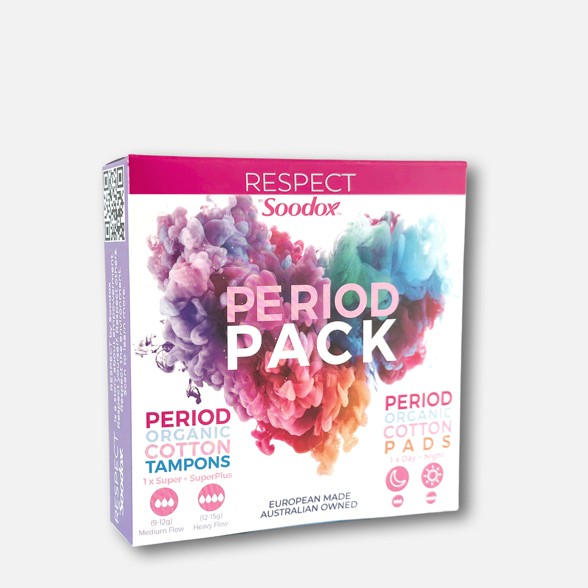 Respect by Soodox Period Pack box with tampons and pads, angled view