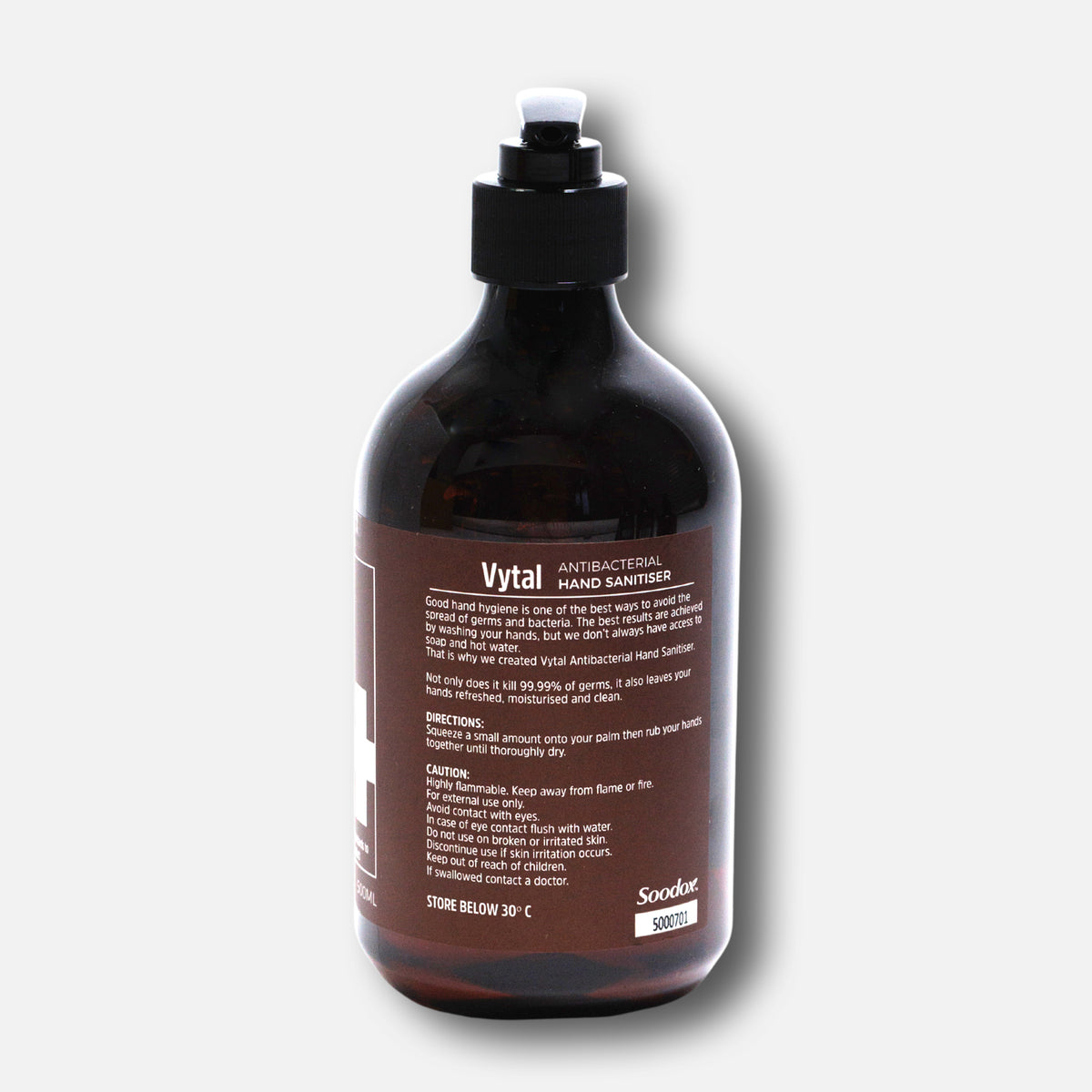 Back label of Soodox Vytal Antibacterial Hand Sanitiser 500ml bottle