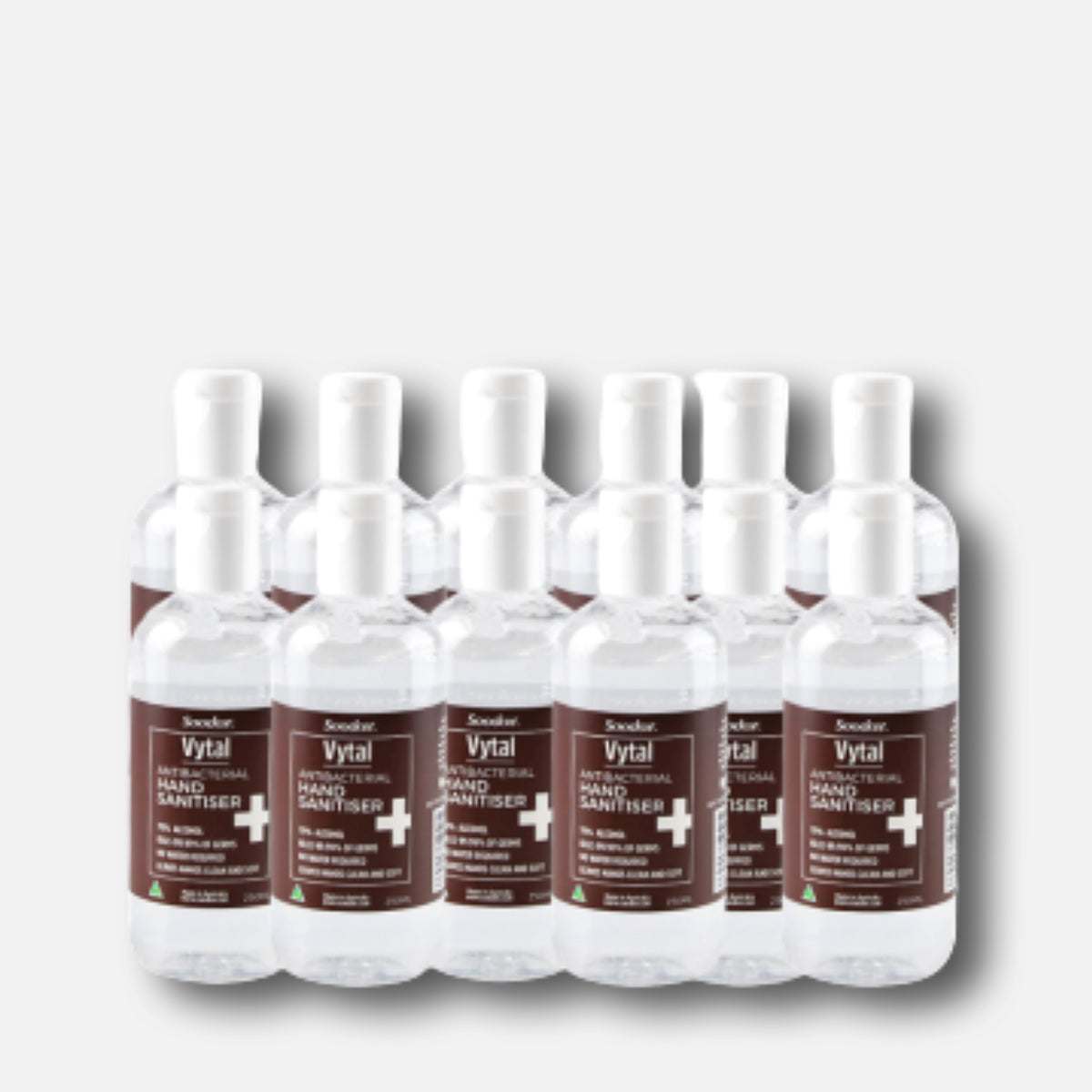 Row of Soodox Vytal Antibacterial Hand Sanitiser 250ml bottles