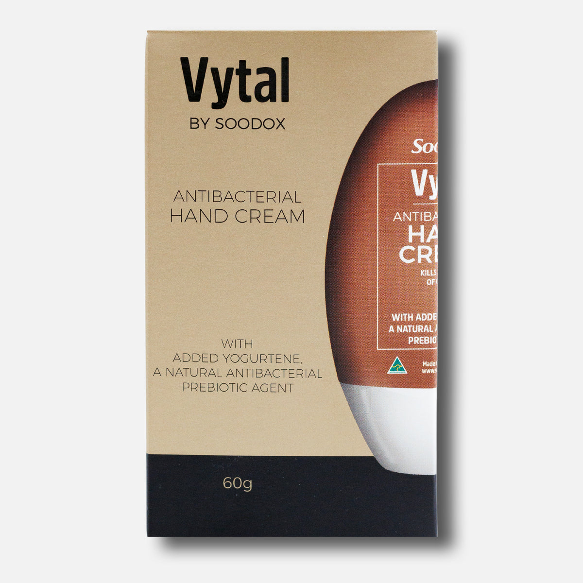 Soodox Vytal Antibacterial Hand Cream 60g box, angled view