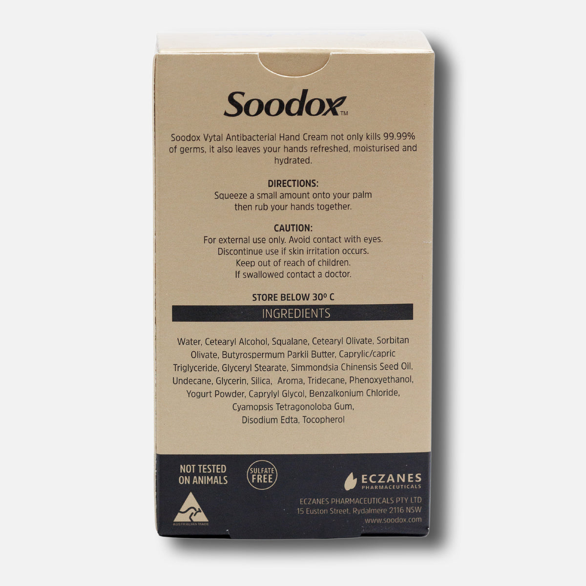 Back of Soodox Vytal Antibacterial Hand Cream 60g box