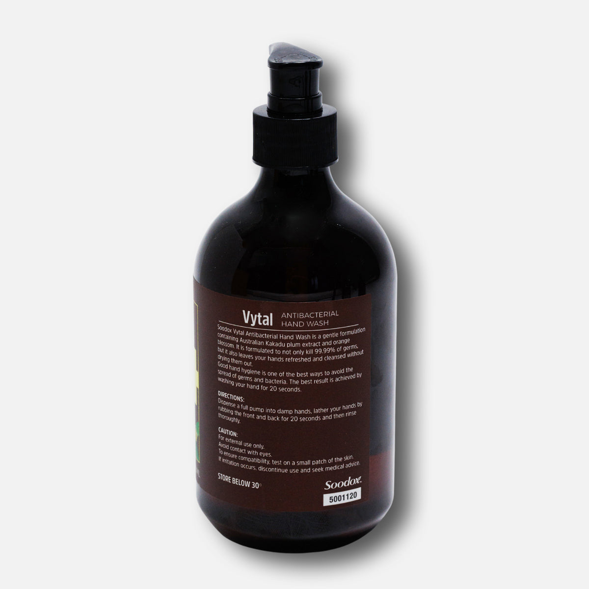 Back label of Soodox Vytal Antibacterial Hand Wash 500ml bottle